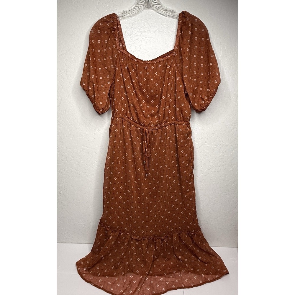 Lucky Brand Rust Dress Shimmer Peasant Boho Tiered Size‎ M Midi Puff Sleeve New